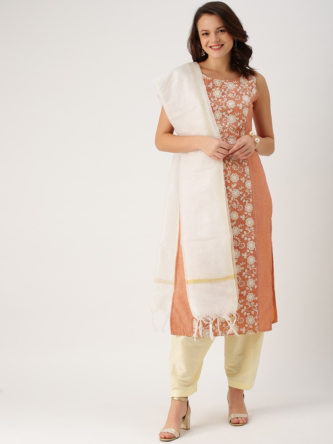

IMARA Women Pink & Cream-Coloured Embroidered Kurta with Salwar & Dupatta
