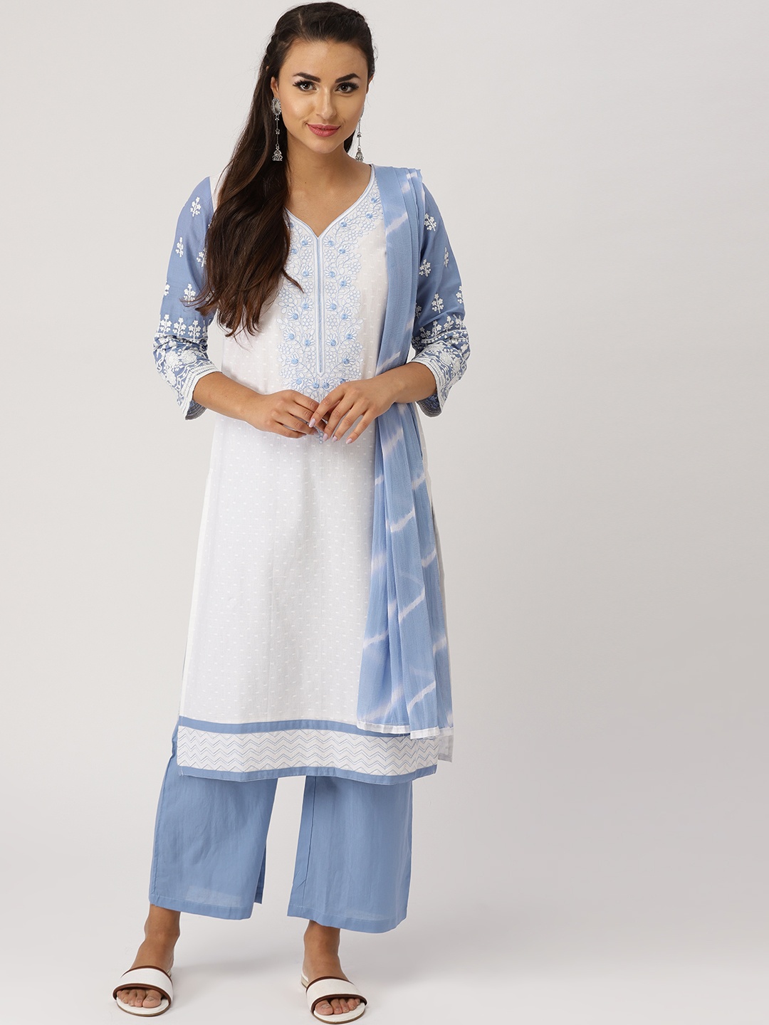 

IMARA Women White & Blue Yoke Design Kurta with Palazzos & Dupatta