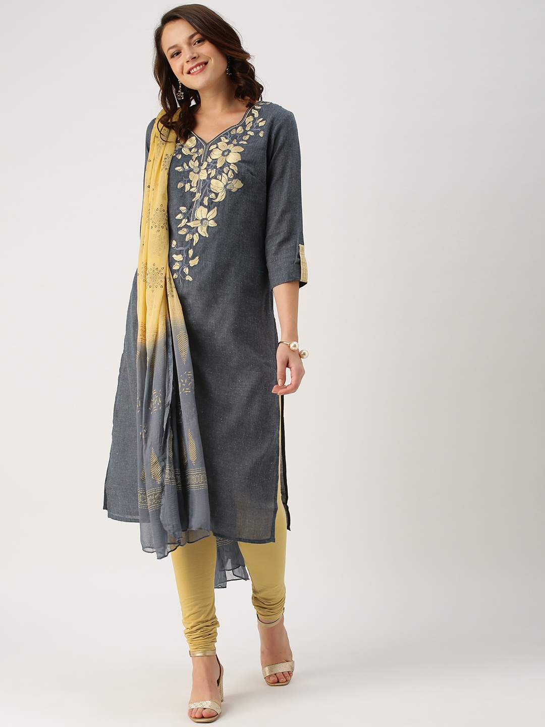 

IMARA Women Grey & Mustard Yellow Printed Kurta with Churidar & Dupatta
