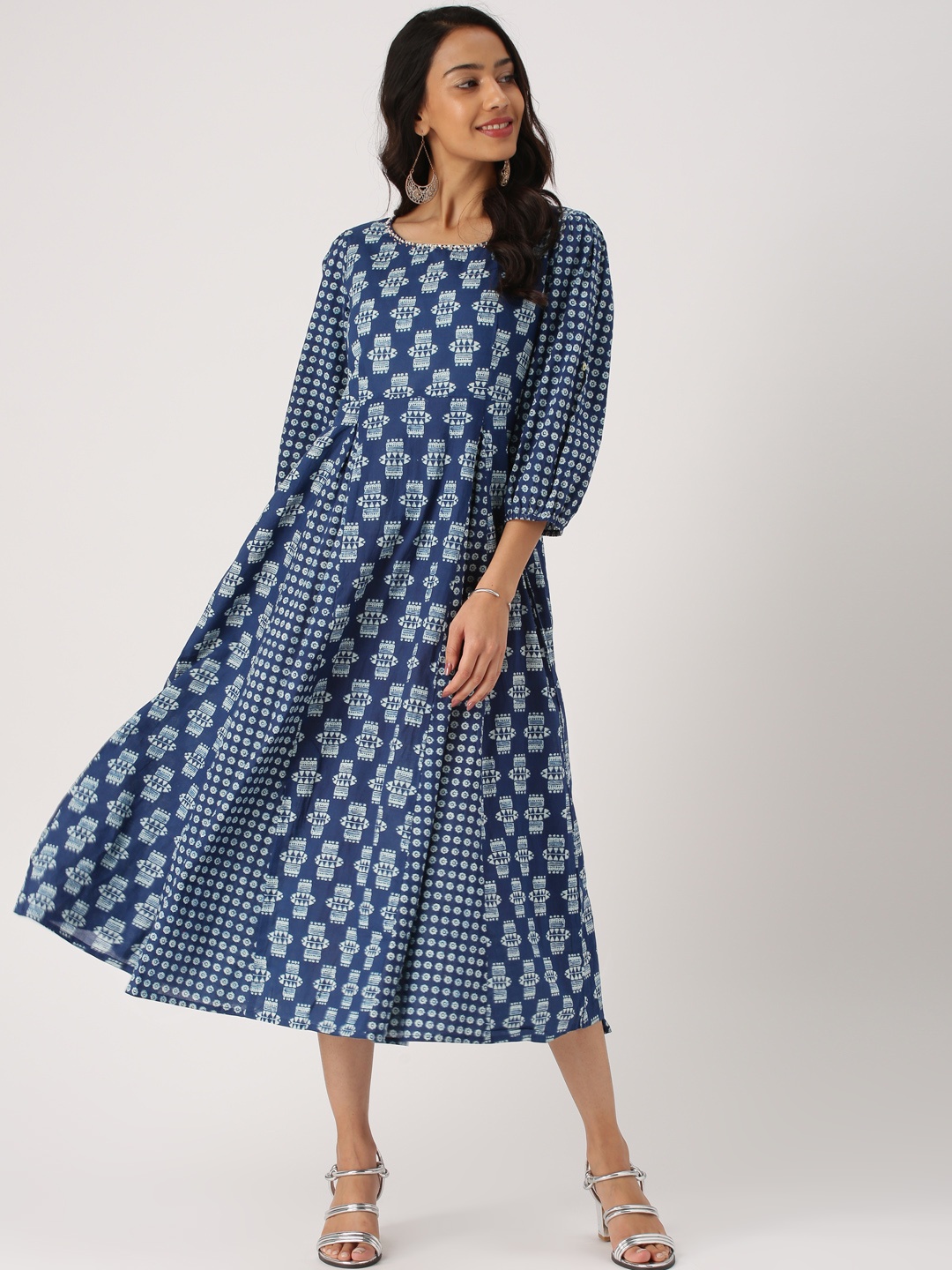 

IMARA Women Navy Blue Printed A-Line Dress