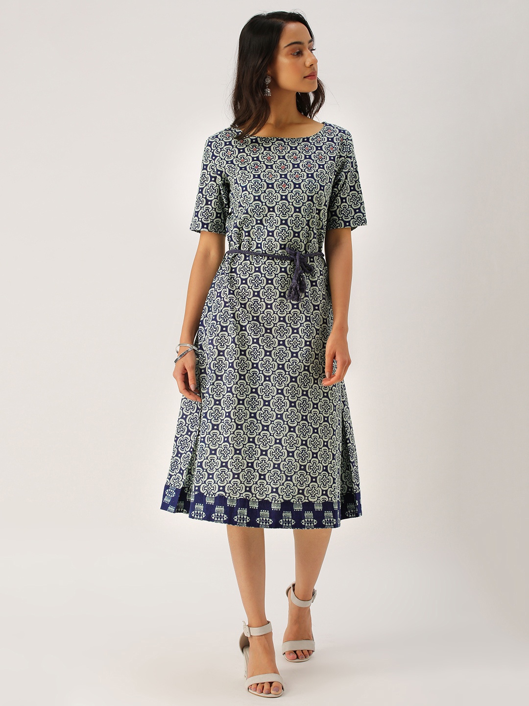 

IMARA Women Blue Printed A-Line Dress