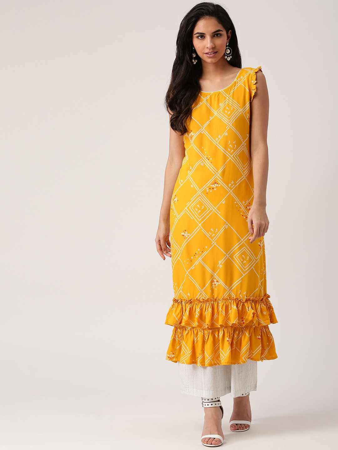 

IMARA Women Mustard Yellow & White Printed Straight Kurta