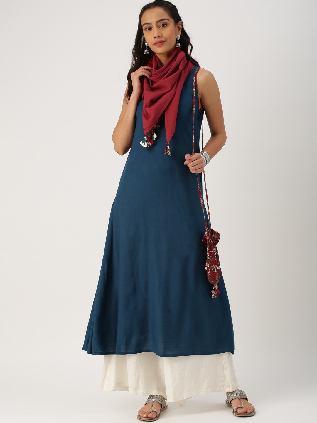 

IMARA Women Navy Blue & Maroon Solid A-Line Kurta With Scarf And Pouch