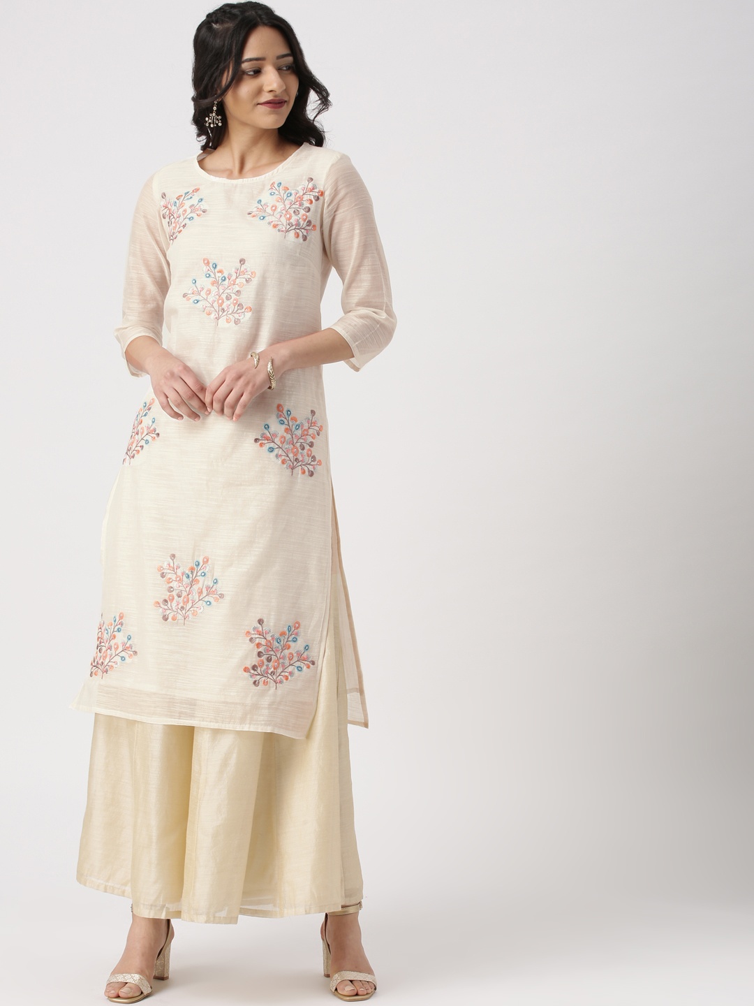 

IMARA Women Off-White Floral Embroidered Straight Kurta