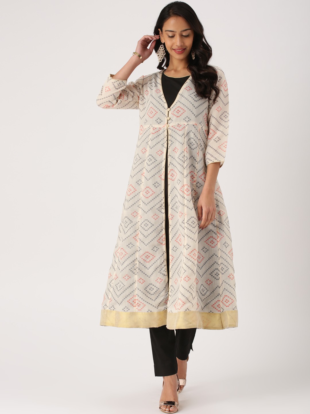

IMARA Women Cream-Coloured & Black Printed Layered Kurta with Trousers