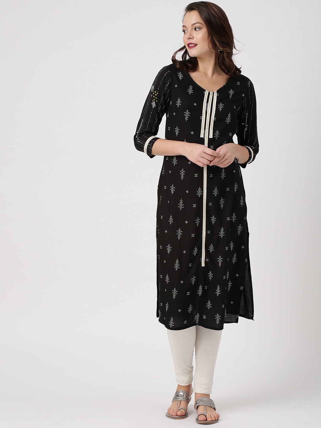 

IMARA Women Black Printed Straight Kurta