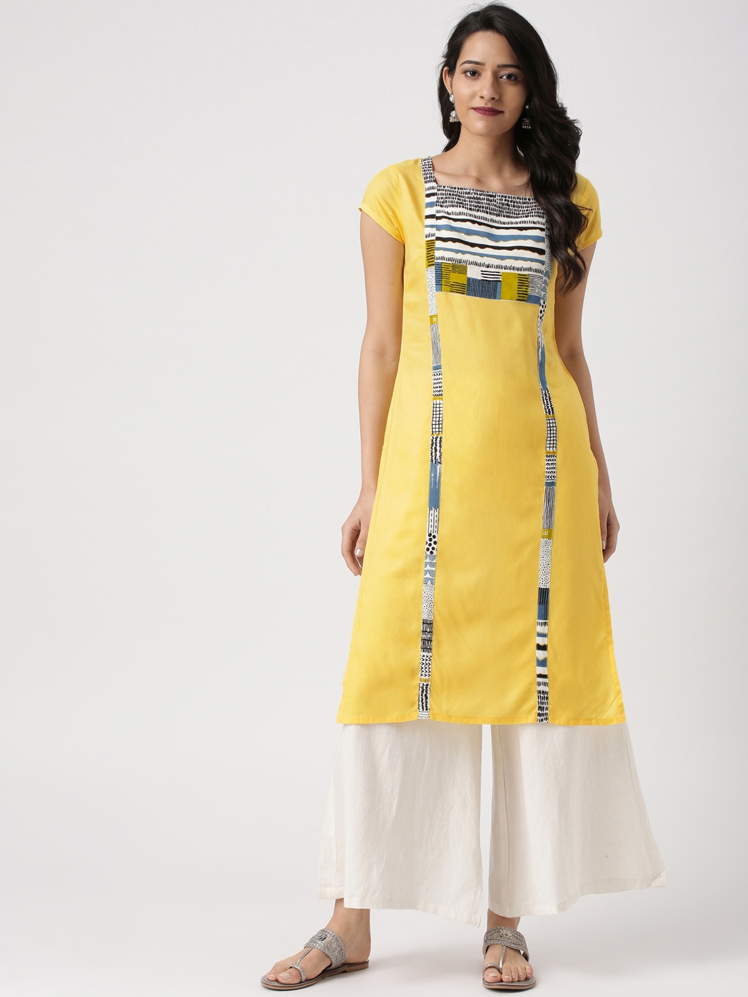 

IMARA Women Yellow & Black Yoke Design Straight Kurta