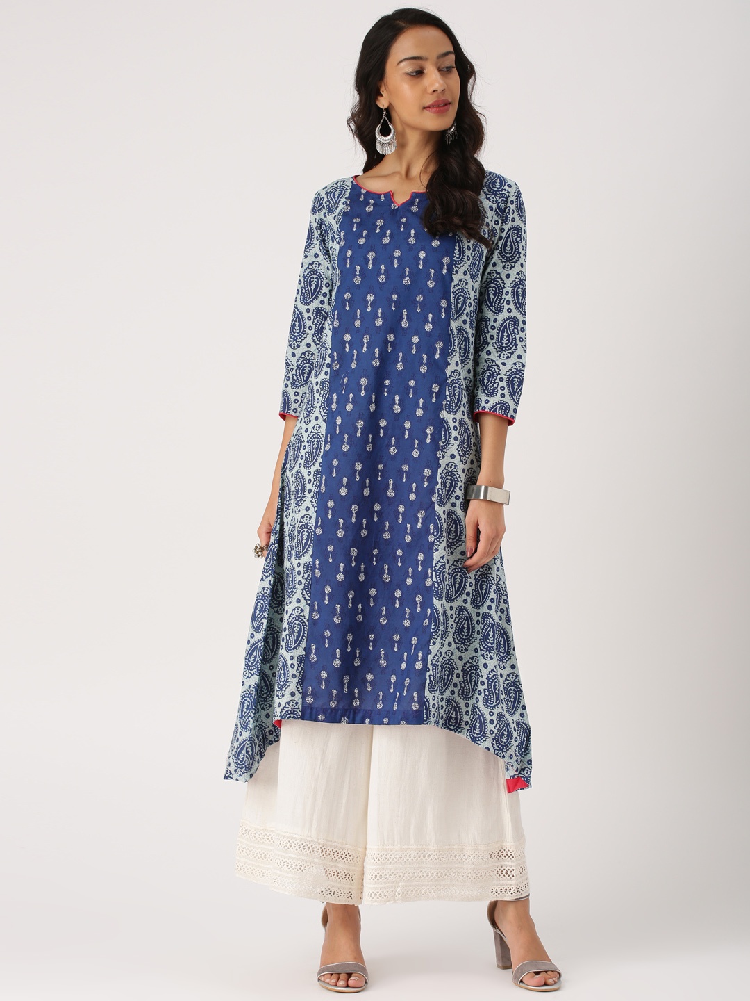 

IMARA Women Navy Blue & Off-White Printed Asymmetric A-Line Kurta