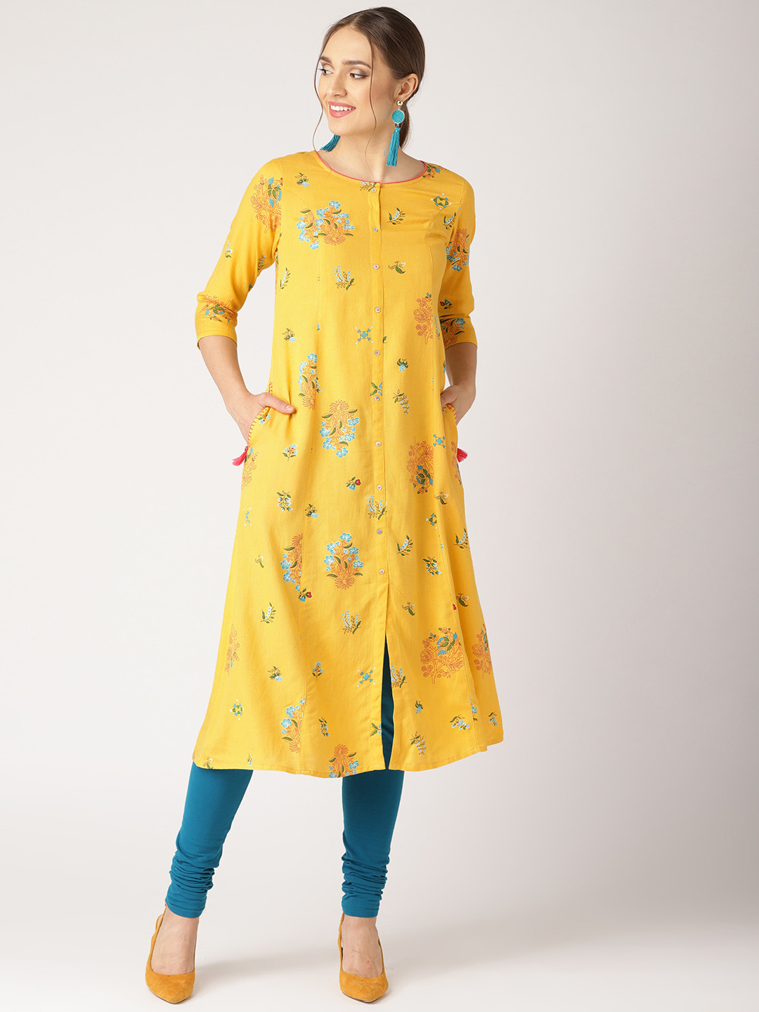 

IMARA Women Yellow Printed A-Line Kurta