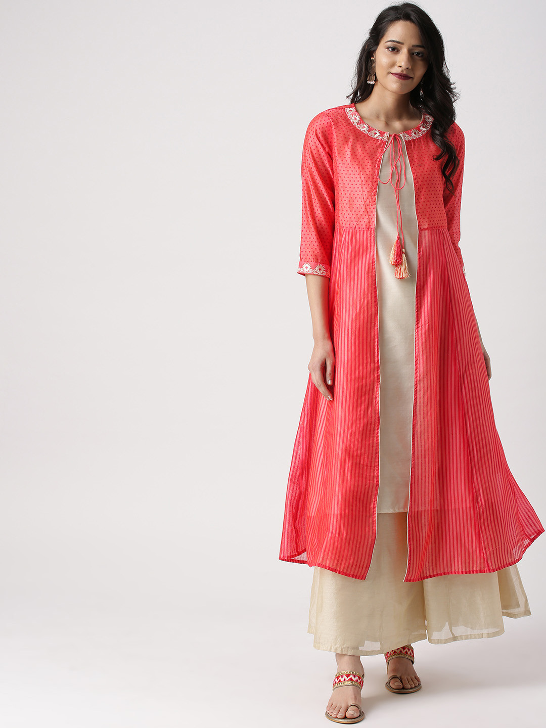 

IMARA Women Coral Pink & Beige Striped A-Line Layered Kurta