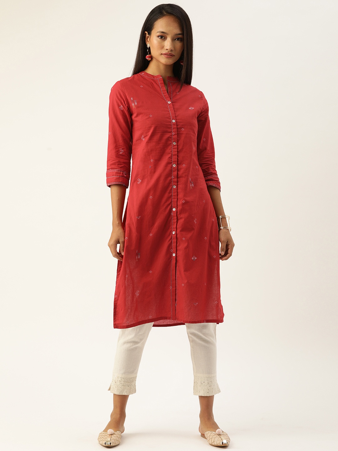 

IMARA Women Red & White Printed Straight Kurta