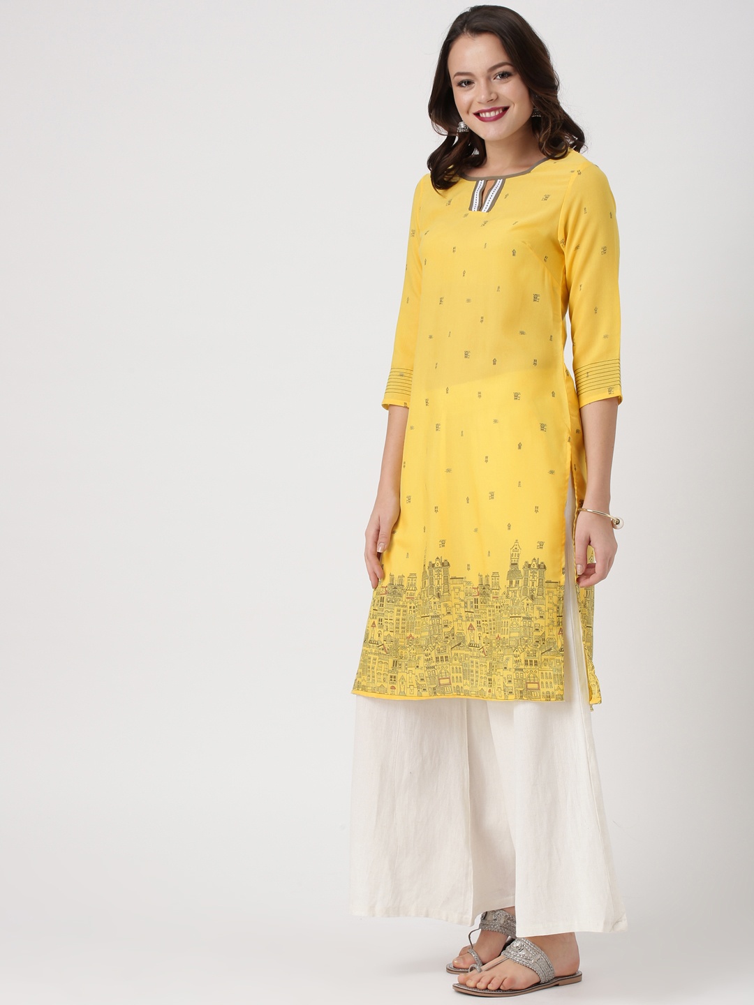 

IMARA Women Yellow Printed Straight Kurta