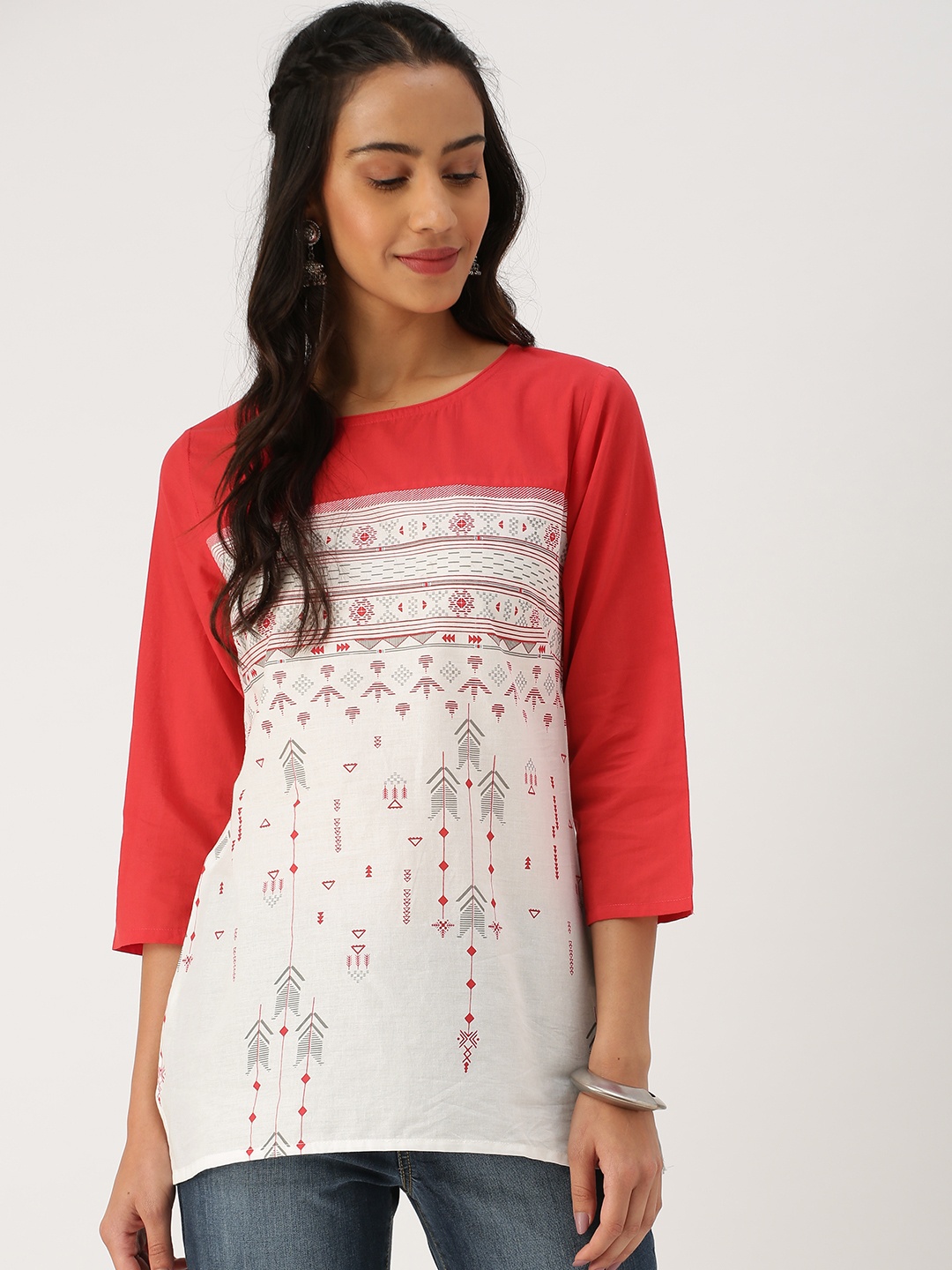 

IMARA Women White & Red Printed Pure Cotton Top