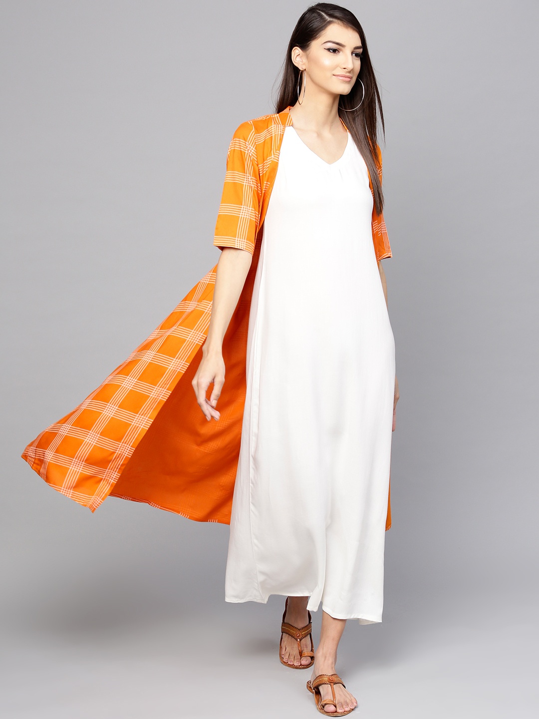 

Libas Women Orange & White Solid Maxi Dress with Ethnic Jacket