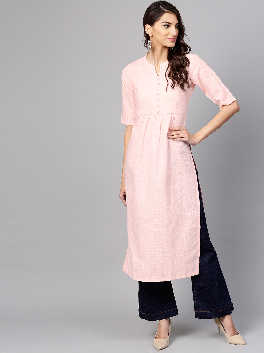 

Libas Women Peach-Coloured Checked Straight Kurta