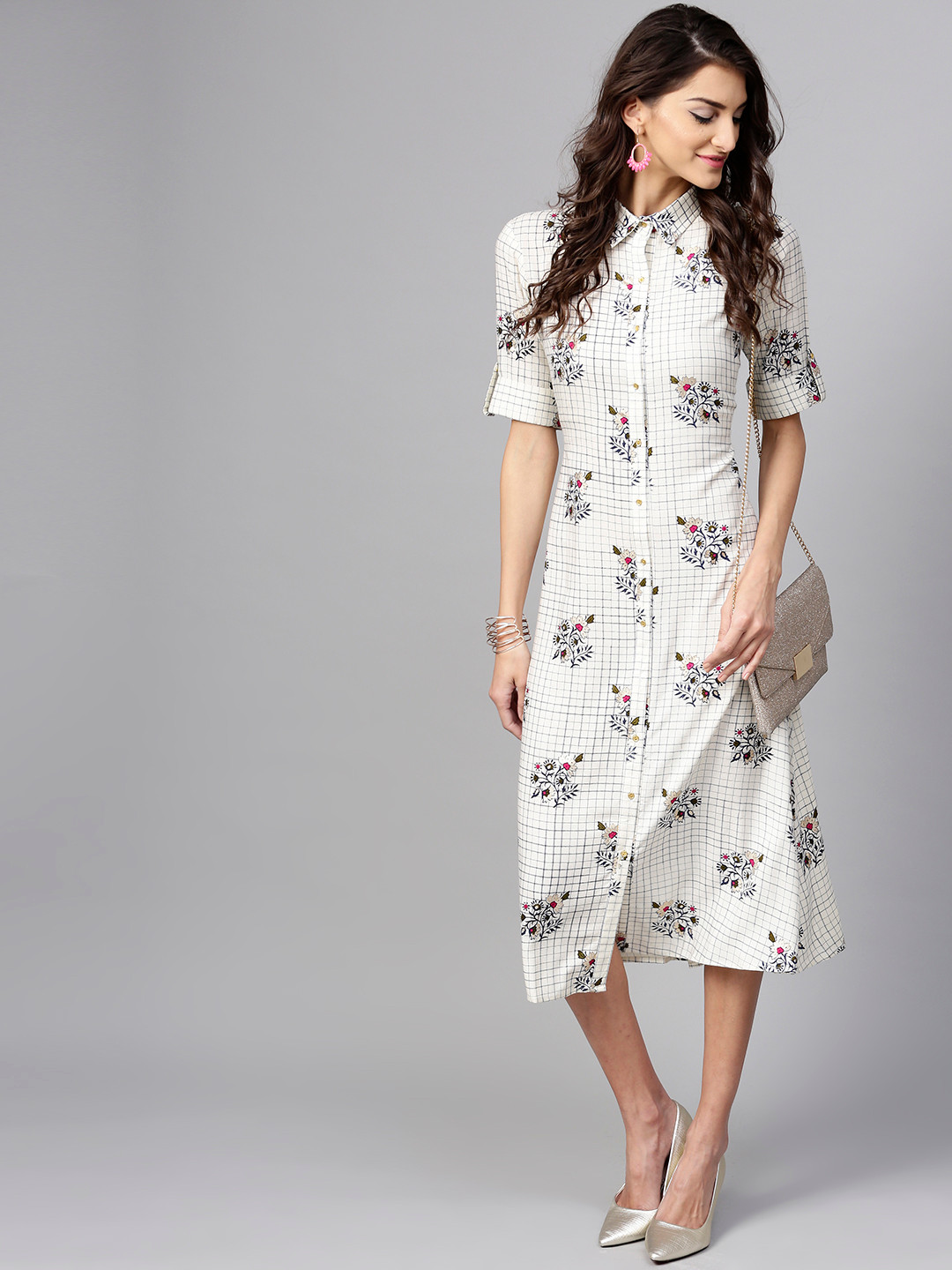 

Libas Women White Checked Midi Shirt Dress with Printed Detail