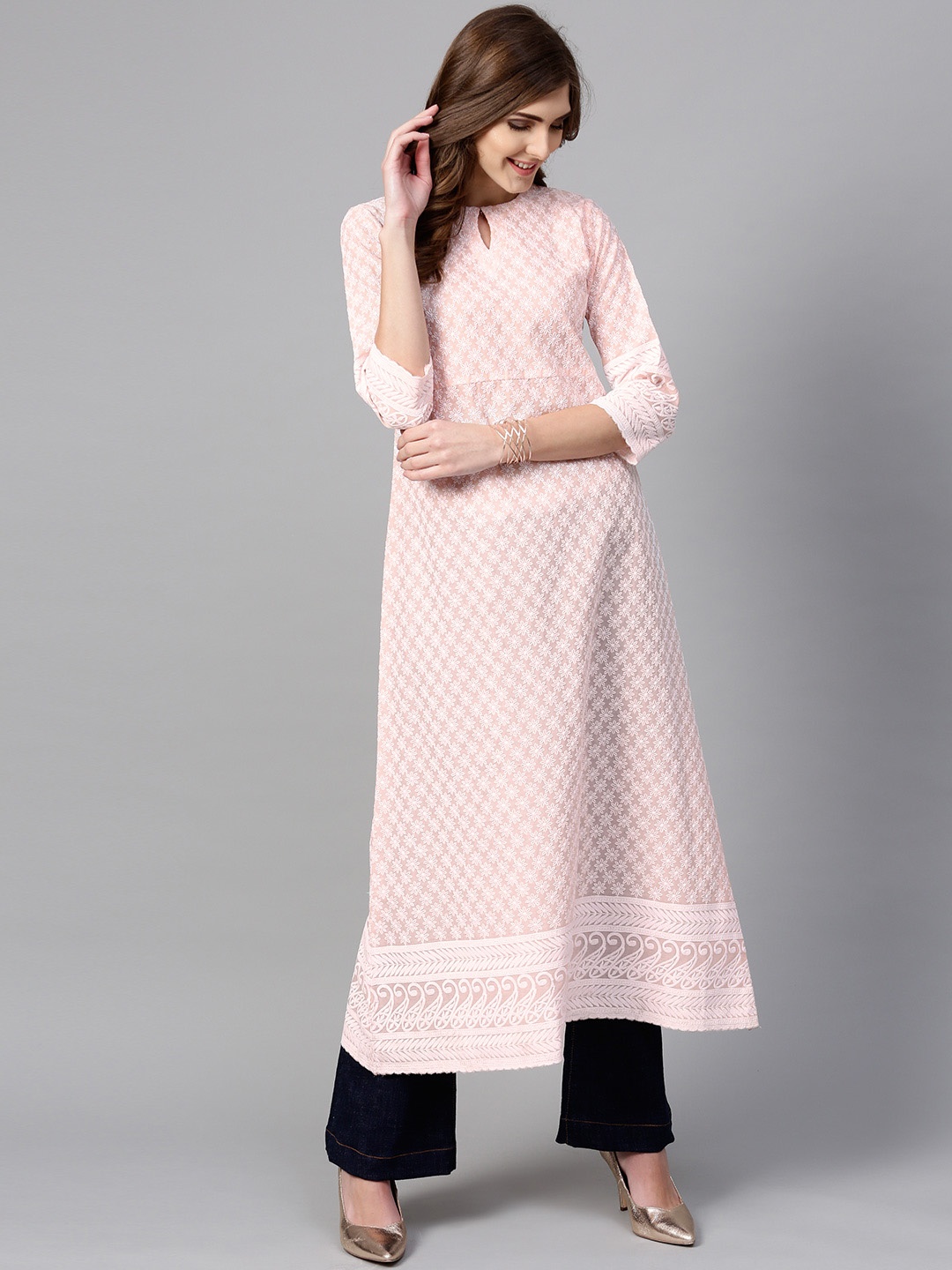 

Libas Women Peach-Coloured & White Embroidered A-Line Kurta
