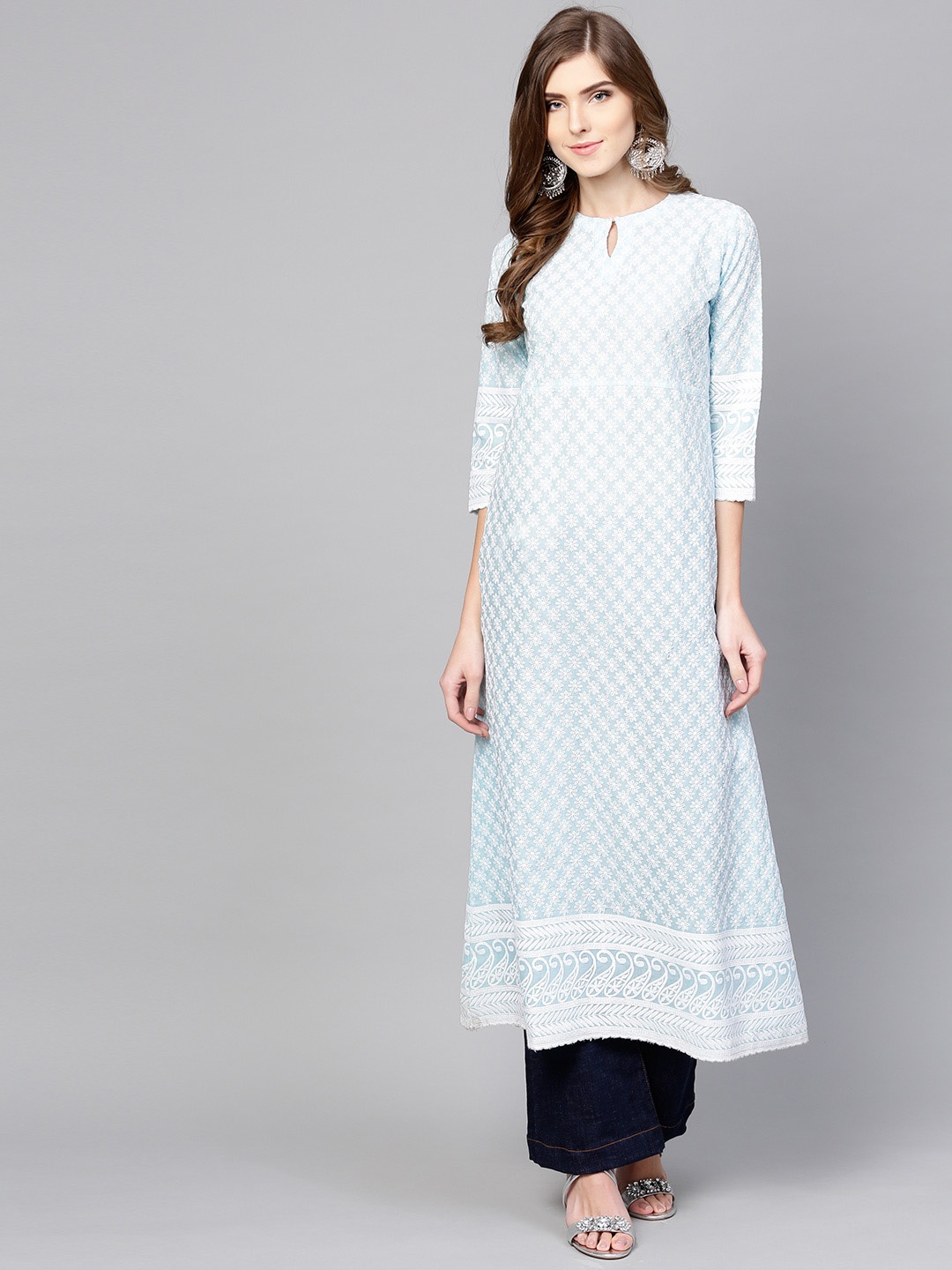 

Libas Women Blue & White Embroidered A-Line Kurta
