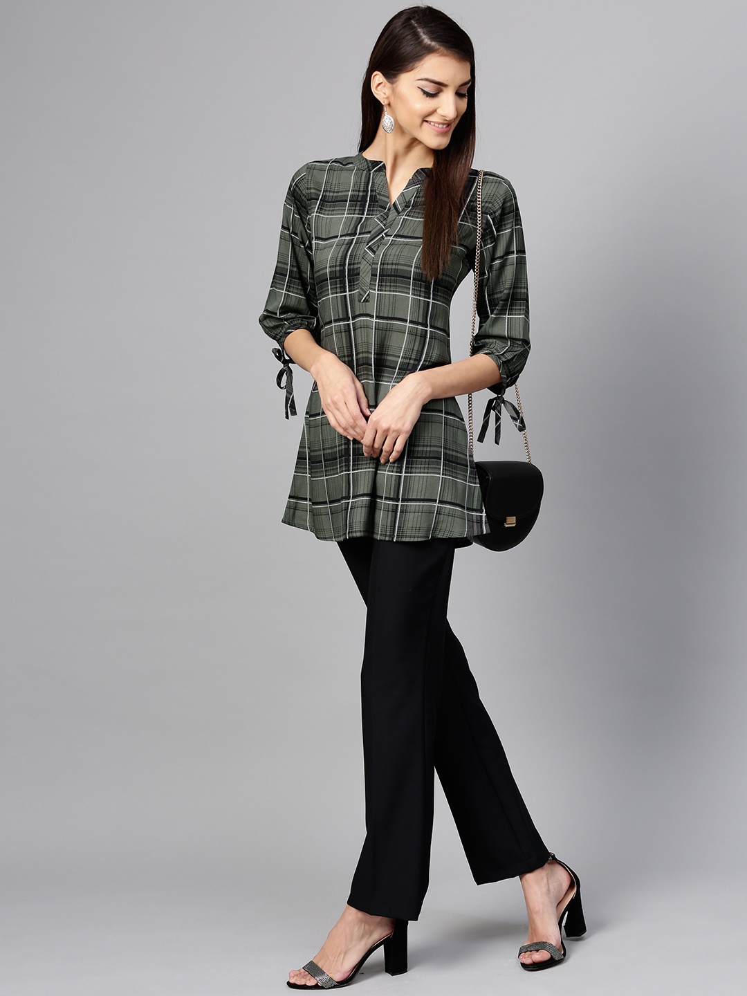 

Libas Women Olive Green & Black Checked A-Line Kurti