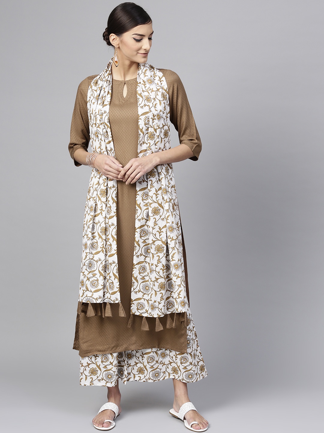 

Libas Women Brown & Off-White Self Design Kurta with Printed Palazzos & Dupatta