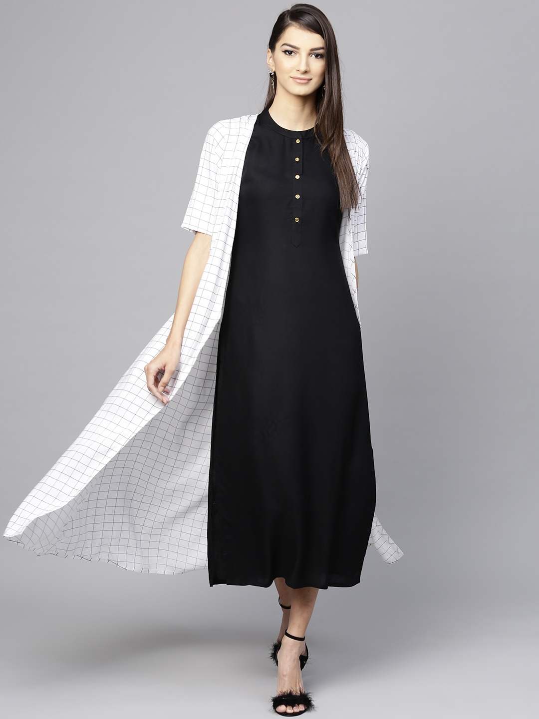 

Libas Women Black & White Solid Maxi Dress with Ethnic Jacket