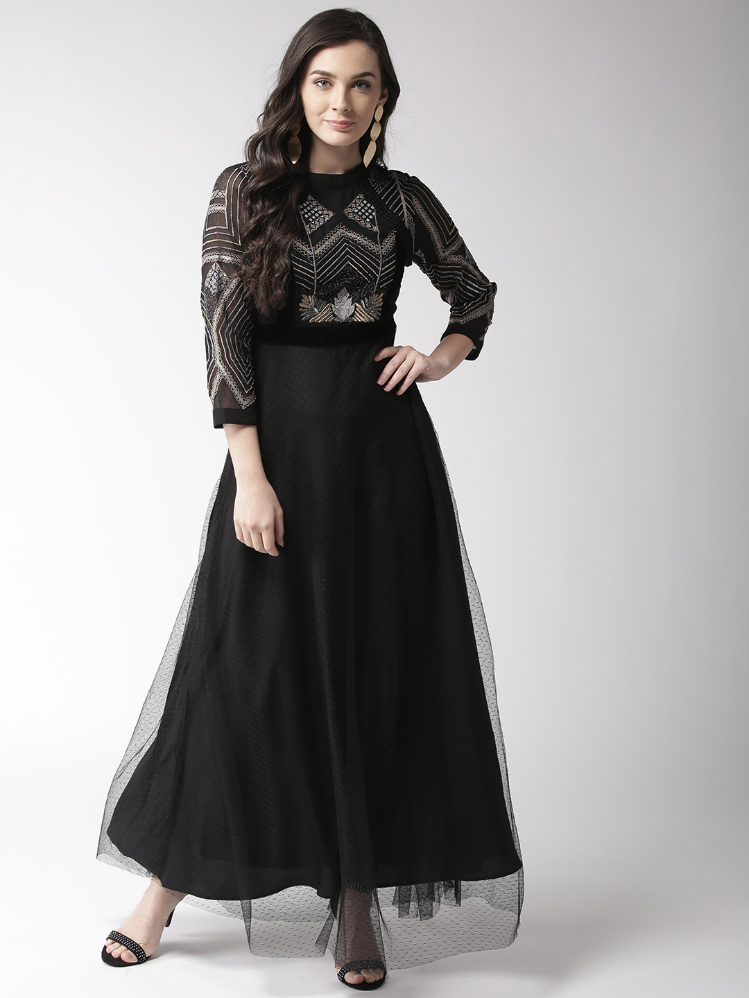 

Antheaa Women Black Self Design Net Maxi Dress with Embroidered Detail
