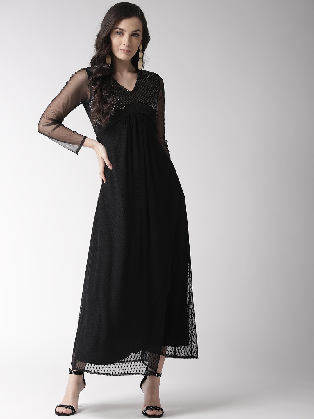 

Antheaa Women Black Self Design Net Maxi Dress with Embellished Detail