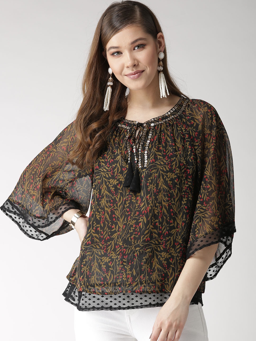 

Antheaa Women Black & Olive Green Printed Top