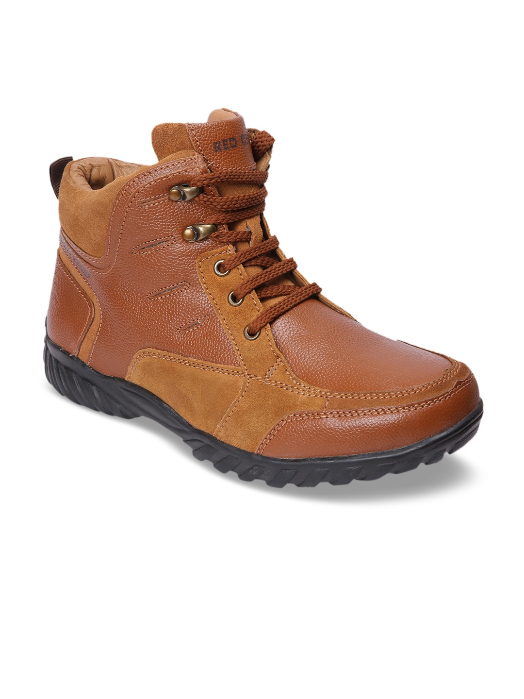 

Red Chief Men Tan Brown Colourblocked Leather Mid-Top Flat Boots