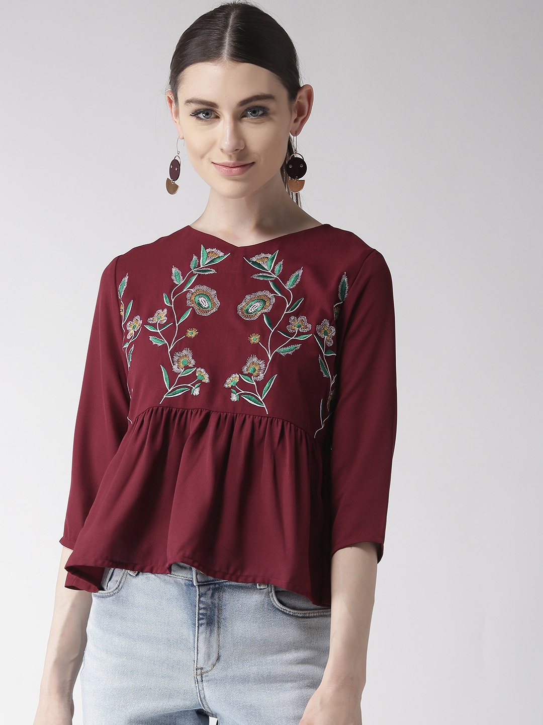 

Style Quotient Women Maroon Embroidered A-Line Top
