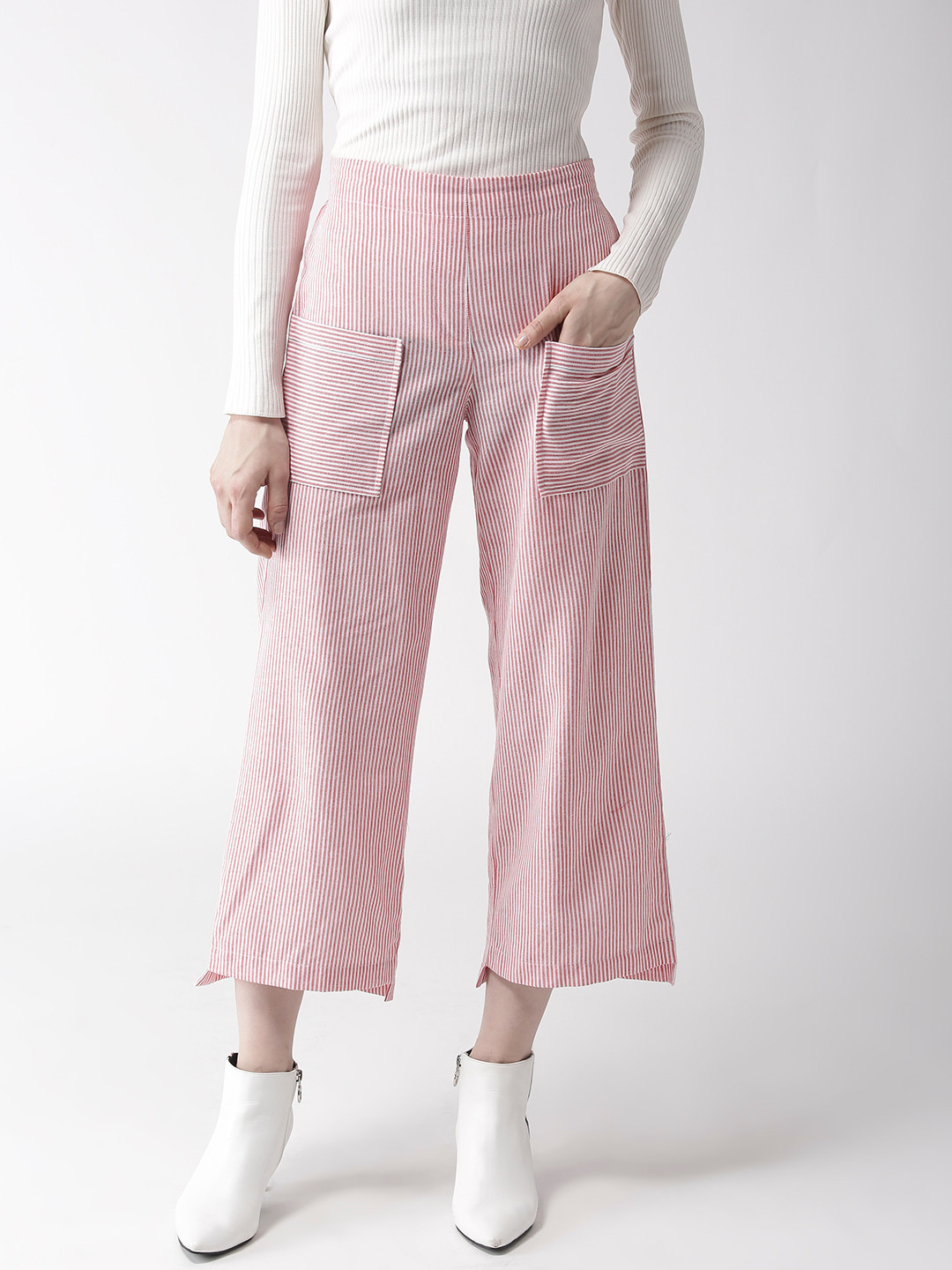 

Style Quotient Women Red & White Tailored Loose Fit Striped Culottes