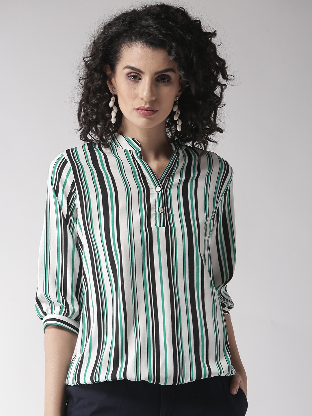 

Style Quotient Women White & Green Striped Blouson Top