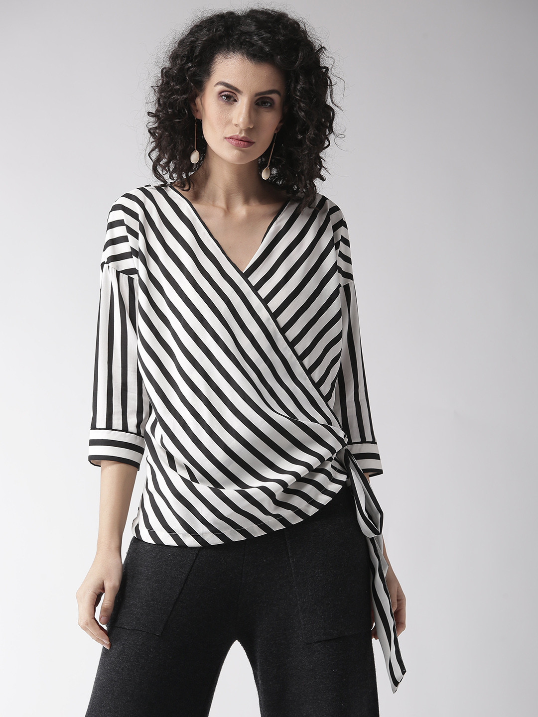 

Style Quotient Women Black & White Striped Wrap Top