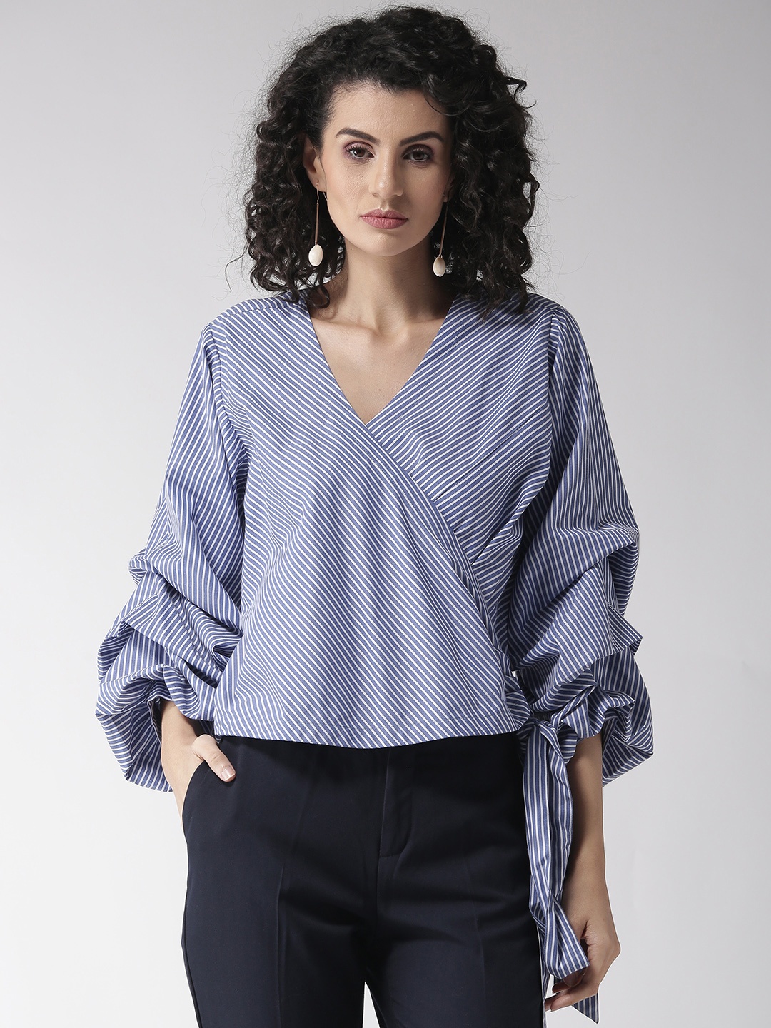 

Style Quotient Women Blue & White Striped Wrap Top