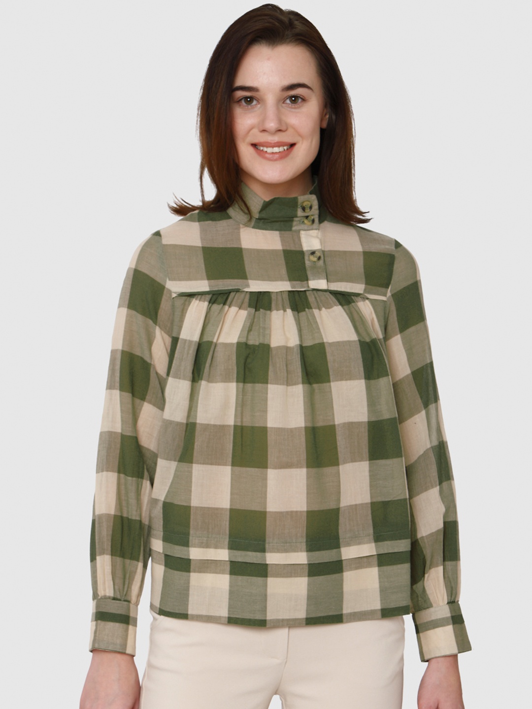 

Vero Moda Women Green & Beige Checked Pure Cotton Top