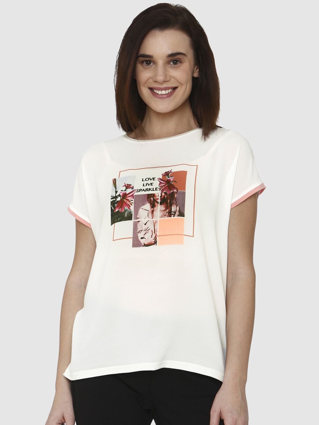 

Vero Moda Women White Printed Round Neck T-shirt