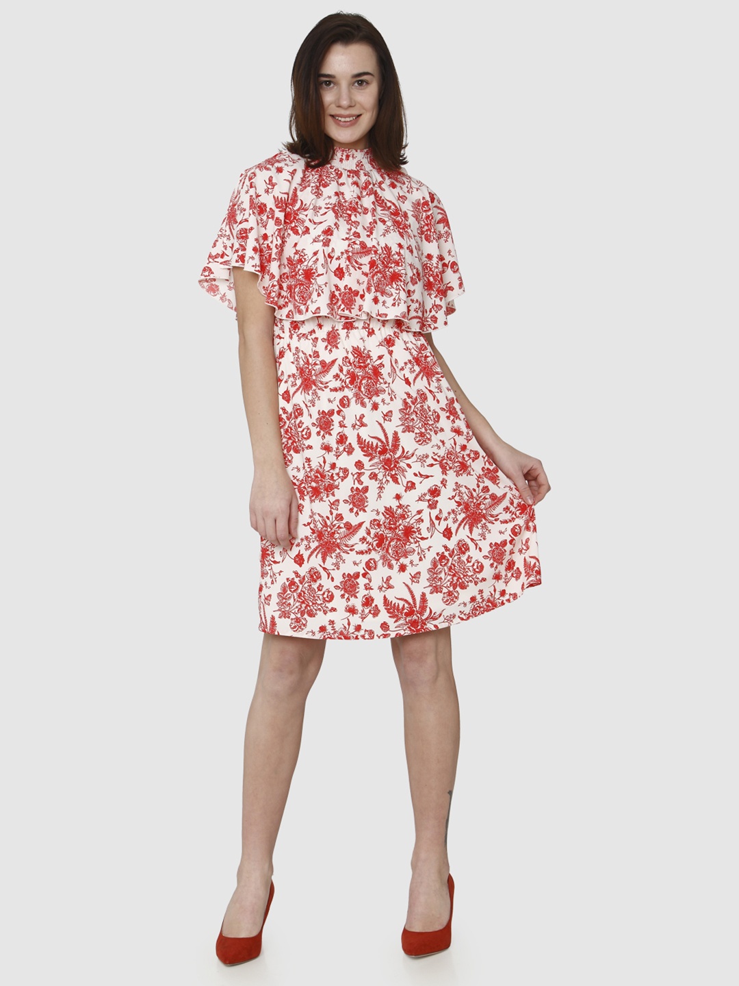 

Vero Moda Women White Printed High Neck Knee Length A-Line Dress