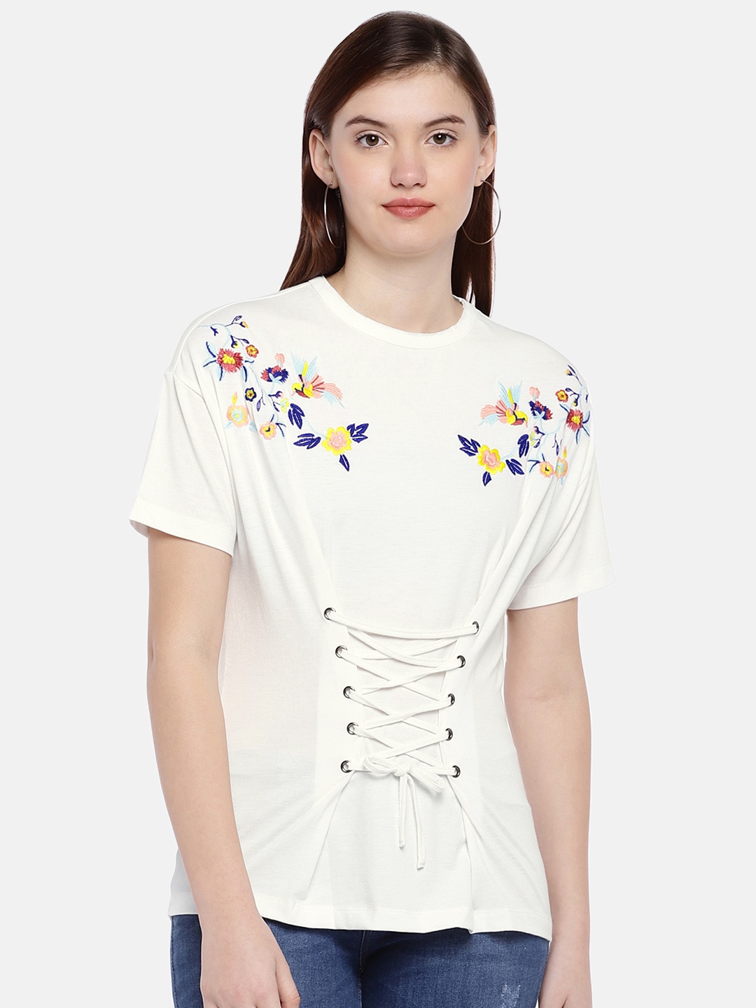

Vero Moda Women White Embroidered Cinched Waist Top