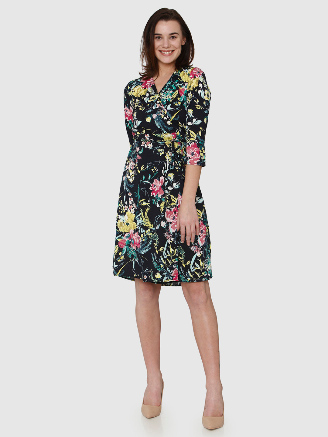 

Vero Moda Women Navy Blue V-Neck Printed Knee-Length Wrap Dress with Waist Tie-ups