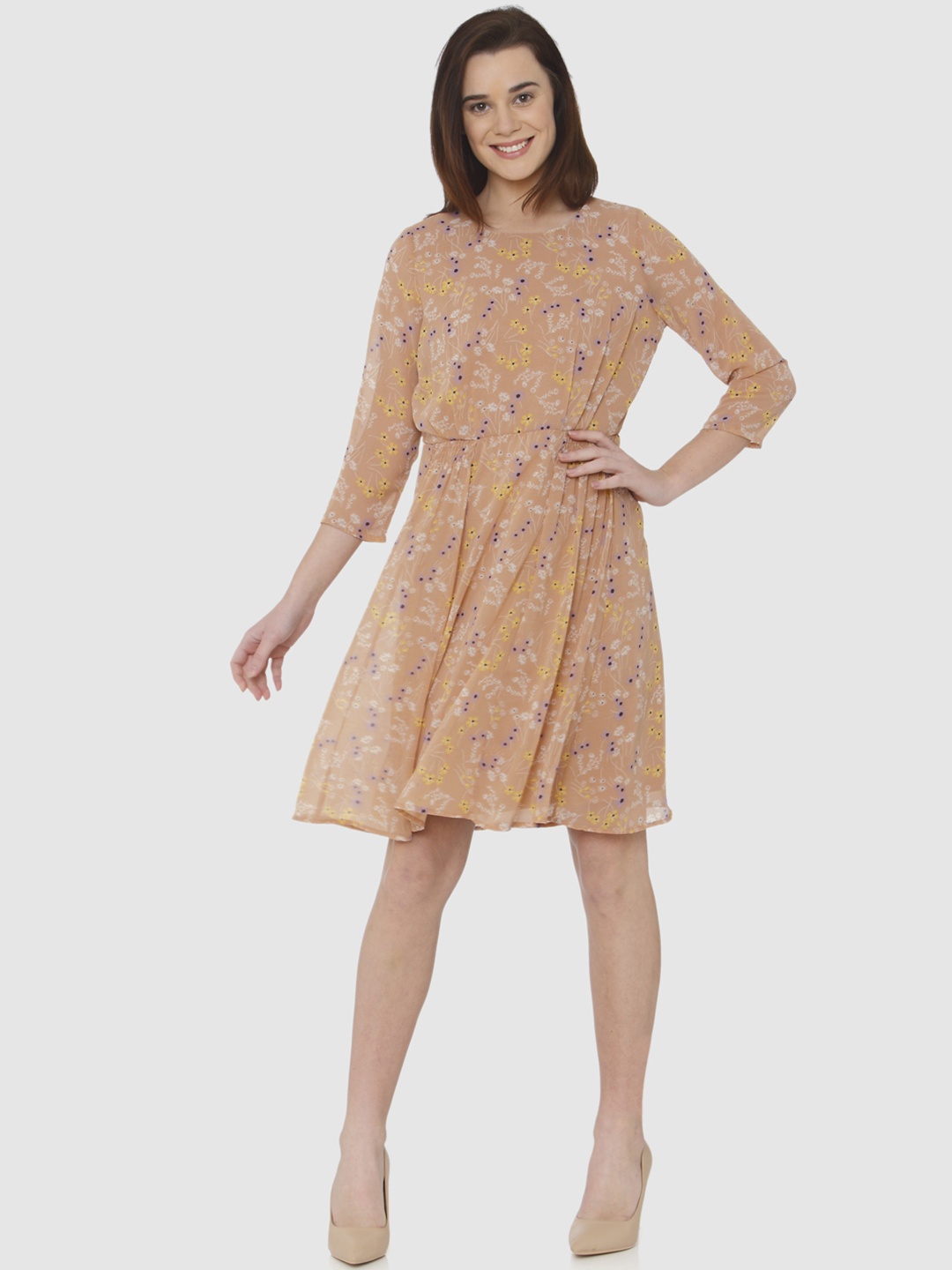 

Vero Moda Women Beige Printed Fit & Flare Dress