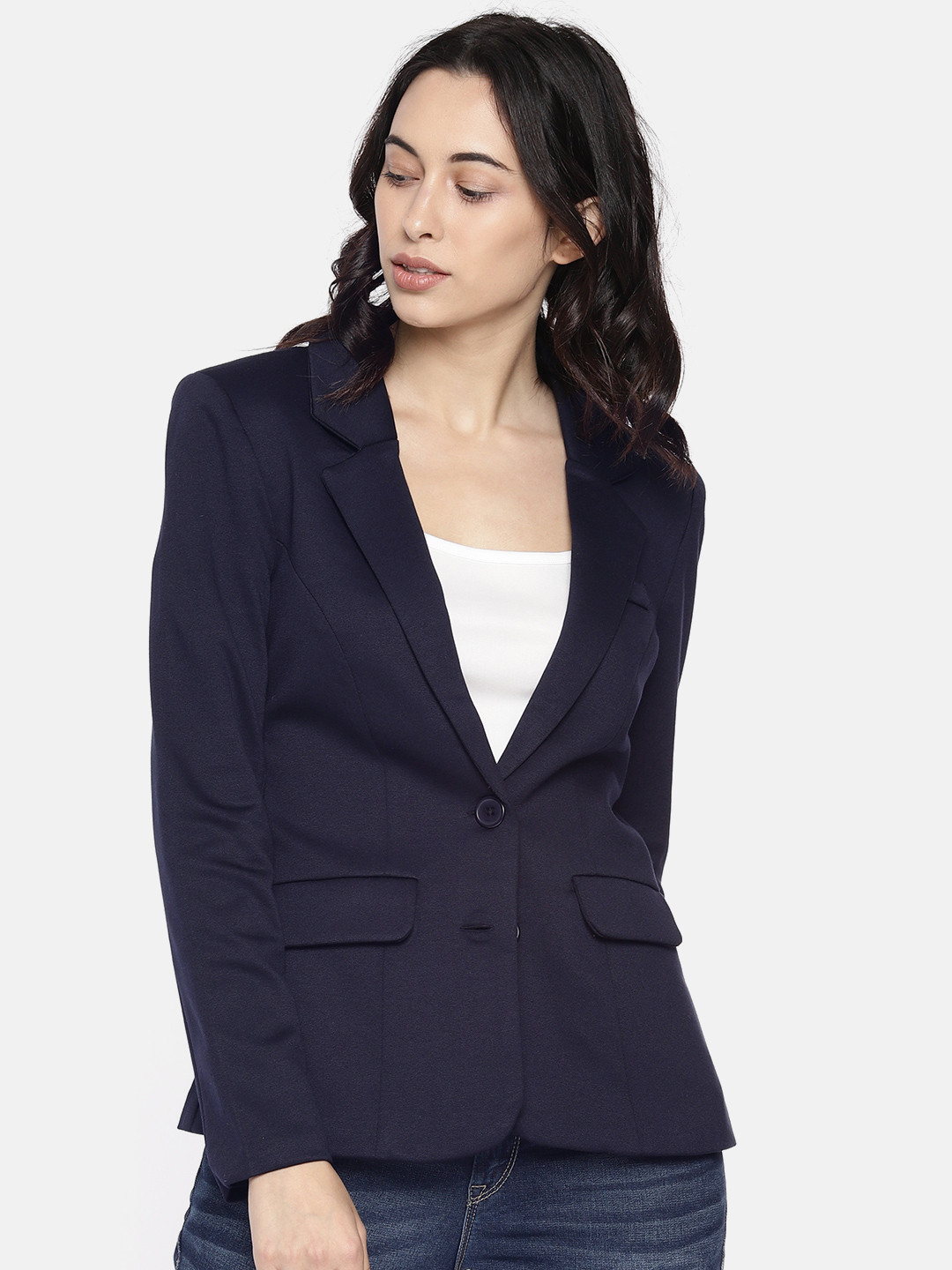 

Vero Moda Women Navy Blue Solid Slim Fit Casual Blazer