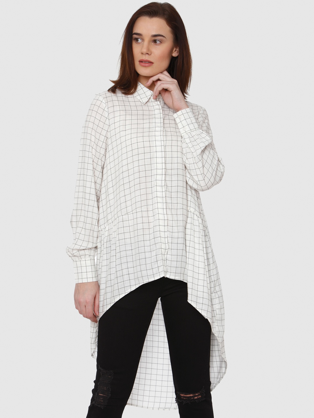 

Vero Moda Women Off-White Regular Fit Checked Casual High-Low Shirt