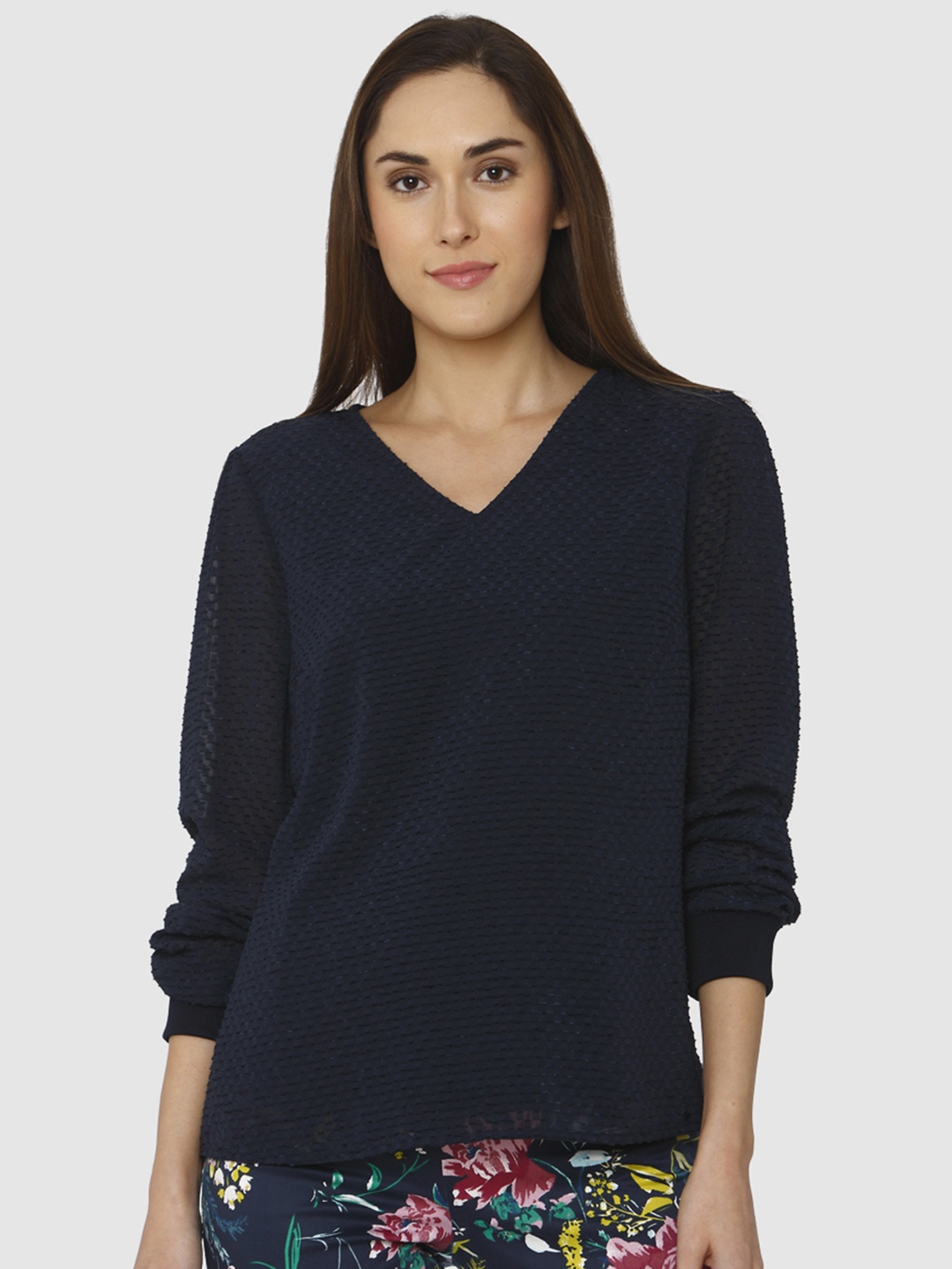 

Vero Moda Women Navy Blue V-Neck Self Design Top