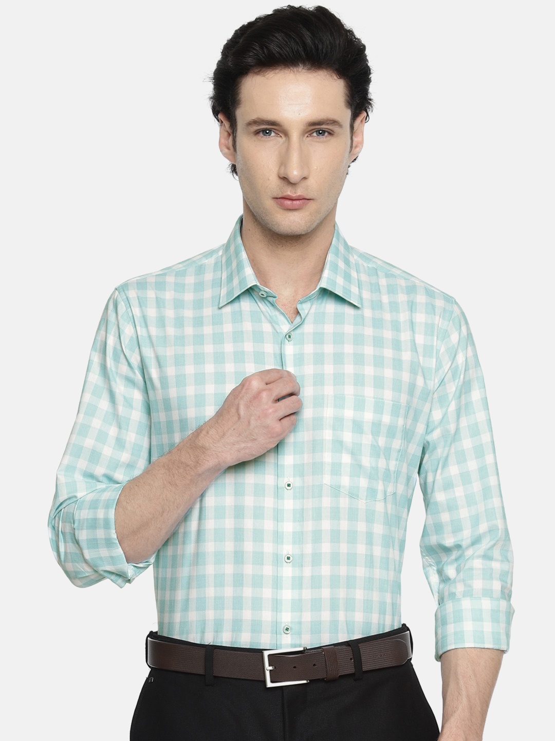 

Van Heusen Men Green & Off-White Slim Fit Checked Formal Shirt