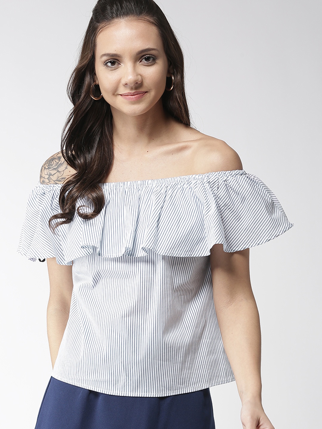 

FOREVER 21 Women White & Navy Blue Striped Layered Bardot Top