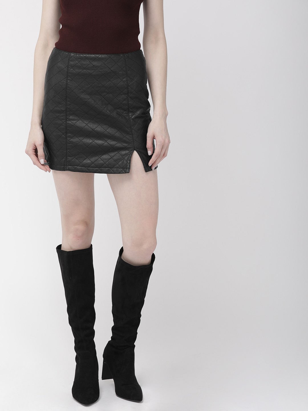 

FOREVER 21 Women Black Solid Straight Mini Skirt