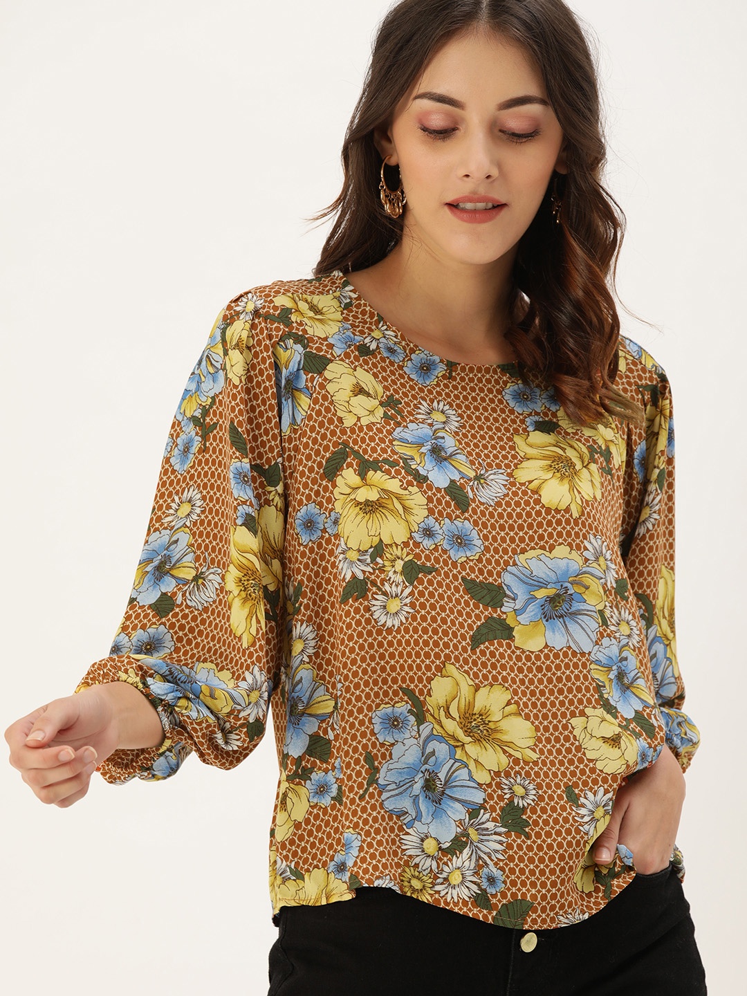 

FOREVER 21 Women Rust Brown & Yellow Floral Printed Top With Puff Sleeves