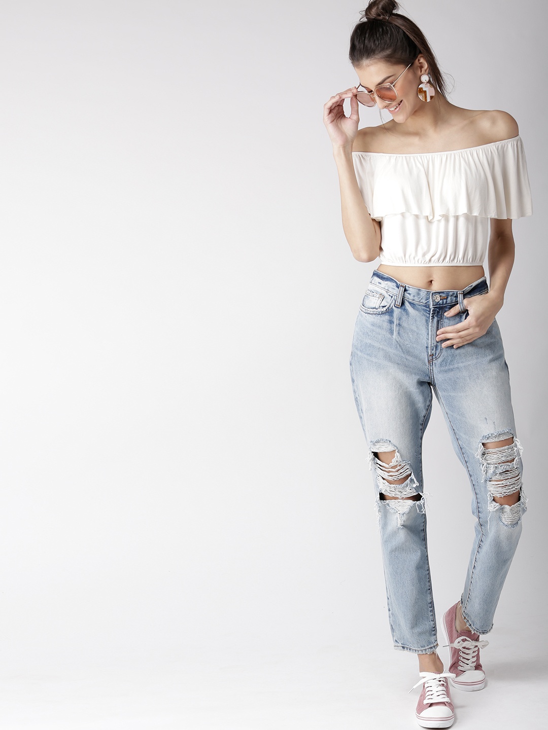 

FOREVER 21 Women Cream-Coloured Solid Layered Cropped Bardot Top