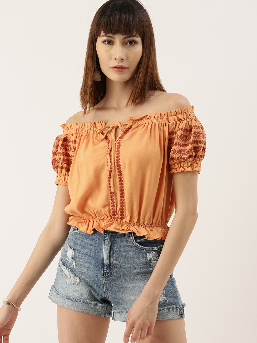 

FOREVER 21 Women Rust Orange Embroidered Gathered Bardot Top