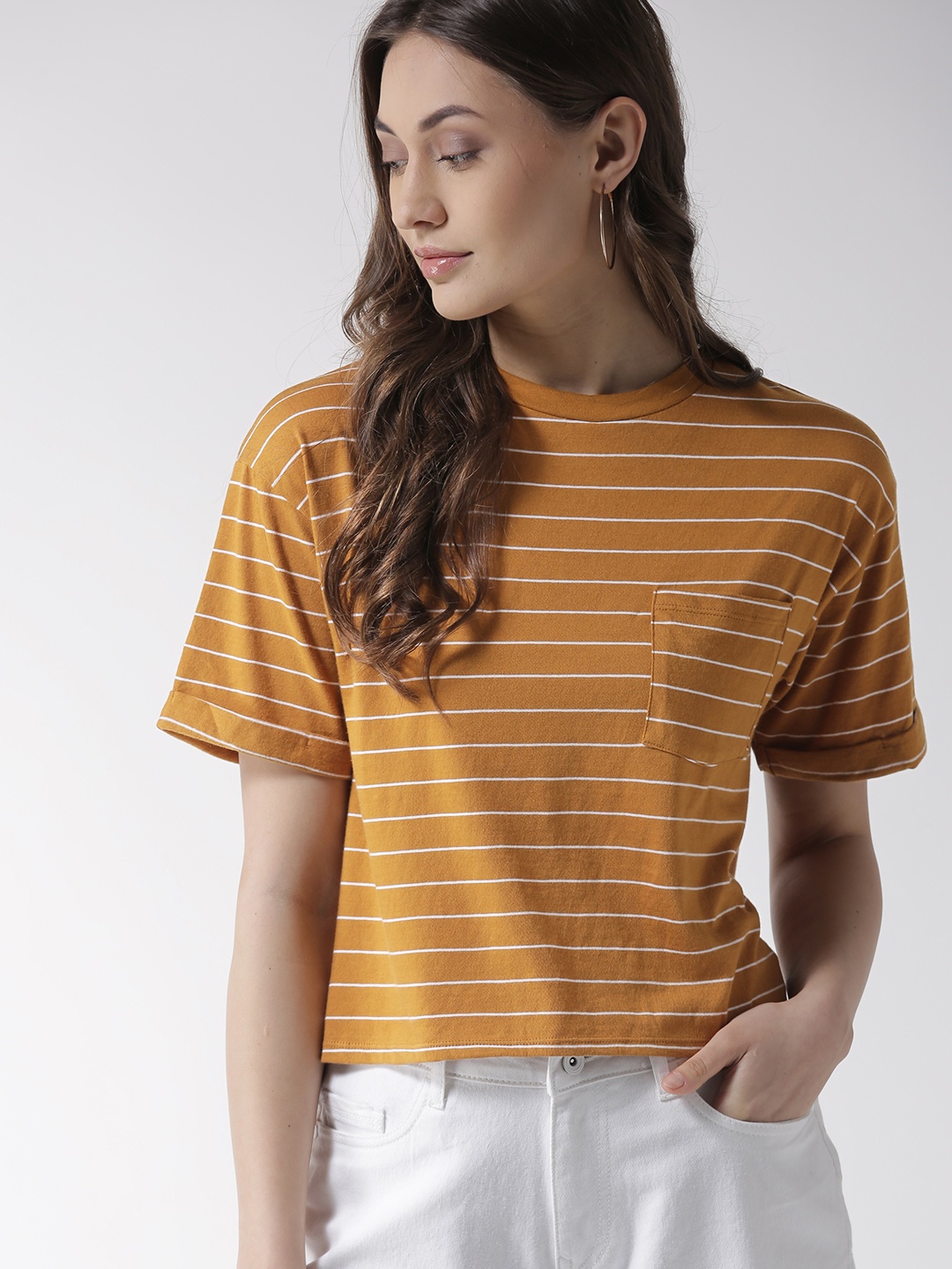 

FOREVER 21 Women Mustard Brown & White Striped Round Neck Boxy T-shirt